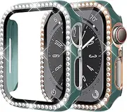 2 Pack Diamond Case for Apple Watch SE/6/5/4 40mm, Crystal Bling Cover Bumper Frame with Tempered Glass Screen Protector for Women iWatch Series SE 6 5 4 Accessories,Green-Silver/Green-Rose Gold