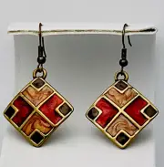 Vintage 1980-90s Gold Tone Cordovan Tan Swirl Enamel Pierced Earrings