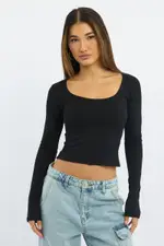 Black Rib Top Long Sleeve Scoop Neck Brushed - Size 14L, Women's Bodysuit