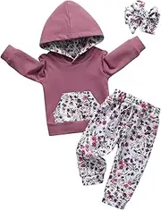 [Kumsolu] Baby Girl Clothes Floral Print Hooded Long Sleeve Top Pants 3-Piece Sweatshirt Set