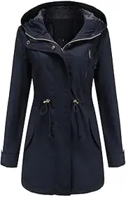 [WUANDIXFA] Jackets for Women Long Sleeve Long Coat with Pocket Outdoor Lightweight Windbreaker Hooded Rain, Navy, Small