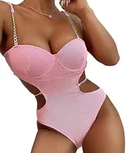 [Generic] Women's Women's Sexy Cutout Metal Chain Strap Bikini Set Ribbed one Piece Swimsuit Bathing Suit