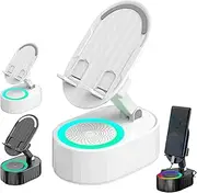 Arshipscho Nominateh Cell Phone Stand, 2025 Upgraded Wireless Induction Audio Bluetooth Speaker Phone Holder with Colorful Ambient Light, Emergency Rechargeable, 360° Foldable (White)