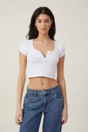 Cotton:On Women's Willa Waffle Short Sleeve Crop Henley Basic White Size 2XS NEW