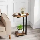 Side Table Small End Table: C-Shaped Wood Sofa Table with Oval Rustic Brown