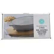 Martha Stewart 2 Piece Cast Iron Oval Au Gratin Casserole Birch Wood Trivet Set