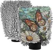 XYMZR Stained Glass Daisy Butterfly Absorbent Microfiber Car Wash Mitt, Funny Cute Anime Scratch Free for Cars Cleaning, Home Cleaning Mitts, 2 Pack, 10.24” L x 7.09” W