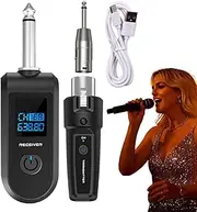 Wireless Microphone, Audio Transmitter and Wireless Microphone Receiver | 10 Dynamic Microphone Adapter, Rechargeable Transmitter and Receiver for Audio Mixer, Guitar Bass