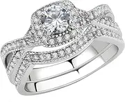[FlameReflection] Stainless Steel Rings for Women Infinity Wedding Set Round CZ Cubic Zirconia Wedding sets for Women Halo Engagement Rings for Women Bridal Jewelry Set (Choose with stud earrings)
