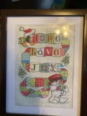 Framed Handmade Christmas Cross Stitch Picture 5x7 "Hope, Love, Joy"