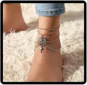 [Cubahop] 1 Piece Layered Boho Turquoise Anklet Summer Bead Hollow Out Foot Jewellery Accessories for Women