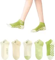 [AKAMAS] 5 Pairs of Green Women's Short Socks, Funny Cartoon Frog Animal Embroidery Ankle Socks, Breathable Cotton Socks, Trainer Socks, Colourful Checked Crazy Crew Socks, Cuddly Socks, Low Cut Socks,