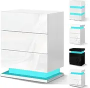 ALFORDSON LED Bedside Table with 3-Drawer High Gloss Nightstand Cabinet 50x30x60cm Wooden Bedroom Storage Organiser Table for Bedroom Living Room in White Colour