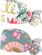 [WOSHJIUK] Working Hat 2 Pack Scrub Caps for Women,Famous Saying and Flower,Tie Back Cap Adjustable Scrub Hat