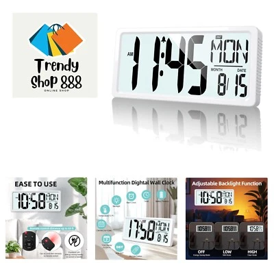 Large Digital Wall Clock Battery Operated with Backlight, 15" LED Large Displ...