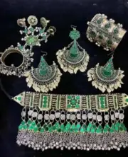 green afghan nikkah neckles ,earing and headpiece ,hand cuff for bridal women