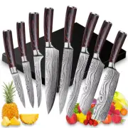 8Pcs Kitchen Knives Set Damascus Pattern High Carbon Steel Wood Cleaver Knives