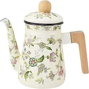 Hoement Retro Enamel Teapot with Wooden Handle Stylish Desktop Tea Kettle for Cold Brewing and Hot Tea Easy to Pour for Home Use
