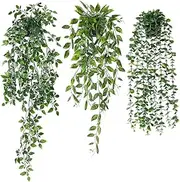 3 pcs Artificial Hanging Plants,Fake Hanging Plant, Eucalyptus Mandala Snow Pea Vine in Pot,Fake Potted Greenery Plant for Bedroom Bathroom Kitchen Office Home Decor Indoor