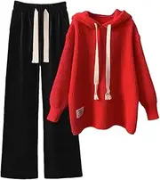 [Generic] Women's Knitted Hoodie Sets Loose Drawstring Pullovers Wide Leg Pants 2Pc Sets Jogging Tracksuits Xmas Loungewears