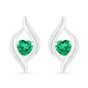 Heart-Shaped Lab-Created Emerald and 0.05 CT. T.W. Diamond Open Flame Stud Earrings in Sterling Silver