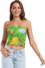 [RPLIFE] Cartoon Animals Jungle Women Tube Top Strapless Top Women, Sheer Tube Tops, Aesthetic Summer Tops (S)