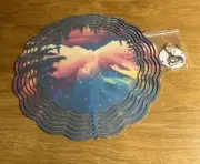 Metal Round Wind Spinner 3D Yard Art Mountain Trees And Sky