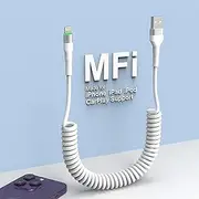 Coiled Lightning Cable, MFi Certified USB to Lightning Charger Cord with Data and LED, for Car CarPlay, for iPhone 14 13 12 11 Pro Max Plus Mini SE XS XR X 8 7 6 5, White