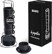 MIAMIO - 75 ml Espresso Cup Set with Saucers Coffee Mug Set of 6 - Ceramic Coffee Mug Stackable Espresso Mug with Stand for Coffee Drinks, Latte, Cafe Mocha - Le Papillon Collection (Black)