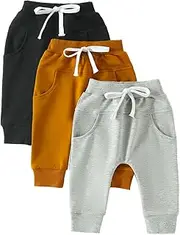 [Shejingb] Toddler Boy Girl 3 Pack Basic Plain Soft Pants Baby Cotton Linen Pants Bloomers Summer Fall Spring Comfy Pants