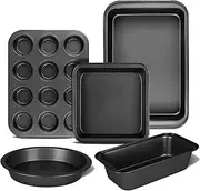5-Piece Kitchen Non-Stick Baking Pan Set, Including Round/Square Cake Pan, Muffin Pan, Bread Pan, Baking Pan, and Baking Sheet, Durable and Scratch-Resistant Baking Set, Black