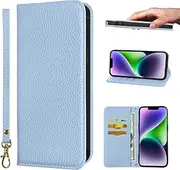 NanHou iPhone 14 Case Microfiber Leather RFID Blocking Wallet Magnetic Closure Kickstand Wrist Strap Card Holder Shockproof Flip Cover - Light Blue