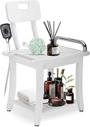 19'' Teak Shower Bench with Handle & Backrest, 2-Tier Teak Shower Stool for Shaving Legs, Wood Teak Shower Seat (Teak Upgraded Shower seat white1, 13.3" D x 18.8" W x 28" H)