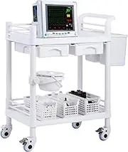 VEVOR 2 Tiers Lab Carts, Lab Utility Cart with 2 Trays, 2 Drawers & 4 Silent Wheels, Mobile Medical Cart with PP Material, Lab Rolling Cart with 3 Trash Cans for Lab, Clinic, Hospital, Salon, White