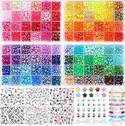 QUEFE 3250pcs Pony Beads Set, 2400pcs Rainbow Beads in 96 Colors, 800pcs Letter Beads and Heart Beads with 20 Meter Elastic Threads for Bracelet Jewelry Necklace Making