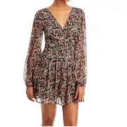 NEW! Bardot Women's Cut Out Frill Mini Dress S Black with Floral Balloon Sleeve