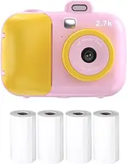 2.7K Cute Kids Instant Camera 42MP Kids Digital Camera Childeren Instant Print Camera with 2.4-inch IPS Screen 16X Digital Cute Filters Video Recorder with 4 Printing Paper Rolls Lanyard Pink