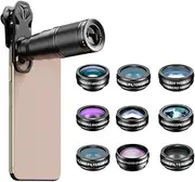 10-in-1 Phone Lens Kit with 22X P Lens 198° Fisheye Lens Kaleidoscope Lens 0.63X Wide Angle Lens 15X Ro Lens Various Filter Lens Universal Clip Storage Box Repla Ent for Black