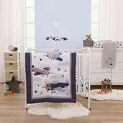 NoJo Little Love Soar High Little One Navy, Light Blue, Orange, and White Airplanes, Clouds, and Stars 3 Piece Nursery Mini Crib Bedding Set - Comforter, and Two Fitted Mini Crib Sheets