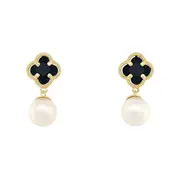 Bevilles Black Clover and Pearl Stud Earrings in 9kt Yellow Gold Silver Infused