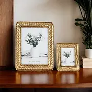 Modern Resin Photo Frame with Gold Woven Pattern Border, Decorative Tabletop Picture Frame for Bedroom, Office, Living Room, Available in Multiple Styles for H