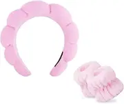 [nanaxagly] Sponge Face Wash Headband and Wristband Set, Spa Makeup Skincare Terry Cloth Bubble Soft Headbands, for Women Girl Puffy Padded Non Slip Thick Hair Accessory(Pink)