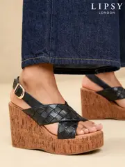 Lipsy Black High Weave Cross Strap Faux Leather Cork Wedges (AG6895) | $136