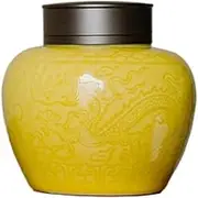 Chinese tea caddy,Ceramic jar, Vintage Chinese Style Ceramic Tea Canister with Airtight Double Lids and Auspicious Oriental Dragon Cloud Glaze, Yellow Tea Storage Jars Cans Tea Caddy for Kitchen Spice