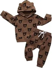 [Siracend] Infant Toddler Baby Boy Clothes Long Sleeve Bear Pattern Hoodie Tops + Pants Sweatsuit Outfits Set