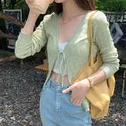 Tie-Front Pointelle Knit Cardigan Green - One Size