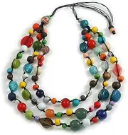 [Avalaya] Layered Multicoloured Wood/Ceramic/Glass Beaded Necklace, Cotton Cord - 90cm L