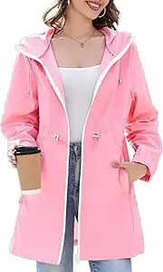 [Durio] Women's Thin Rain Jacket Waterproof Foldable Raincoat with Hood Lightweight Breathable Long Windbreaker Jacket Travel Rain Poncho for Women, pink, S