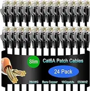 Cat6a Slim Ethernet Patch Cable 1.5 ft (24 Pack), Cat6a Patch Cable for Data Centers, Cat 6 Cable 10G, Network Patch Cables for Home and Enterprise Network -Black