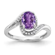 14k White Gold Oval Amethyst and Real Diamond Bypass Ring